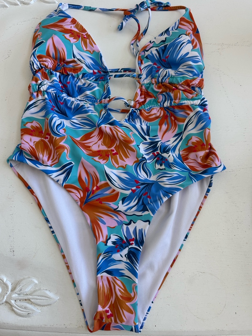 Tropical Floral One-Piece Swimsuit in Blue & Orange